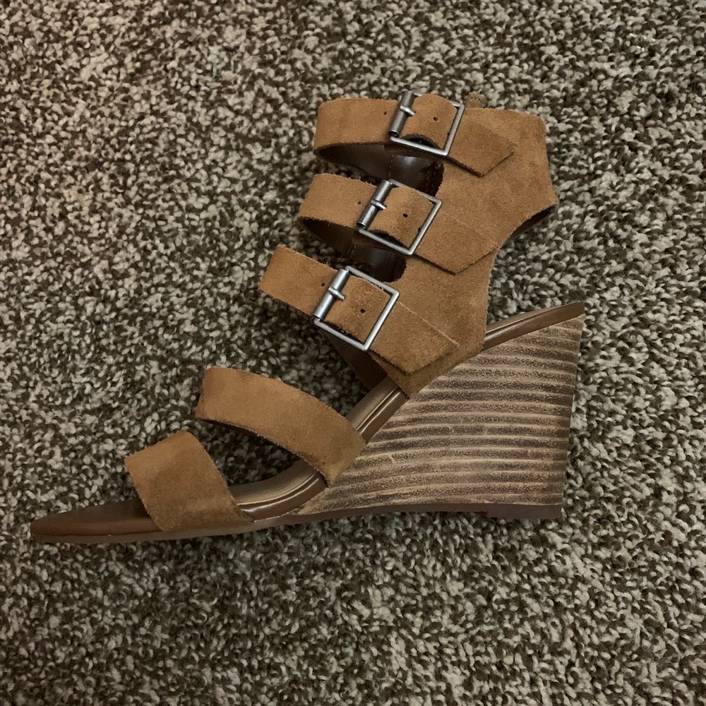 Brown Suede Buckle Wedges
